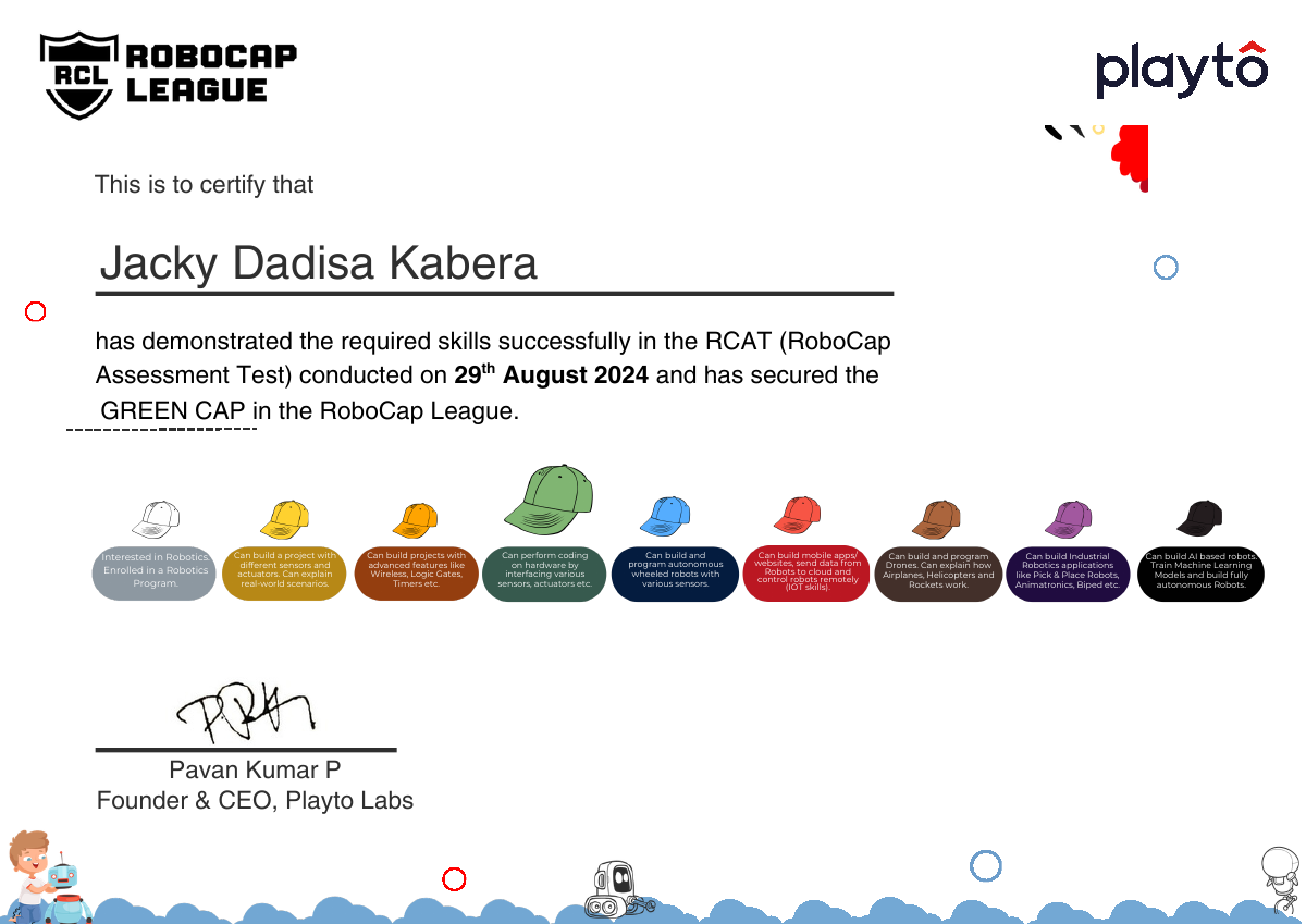 Playto Labs Green Cap certificate awarded to Jacky Dadisa Kabera