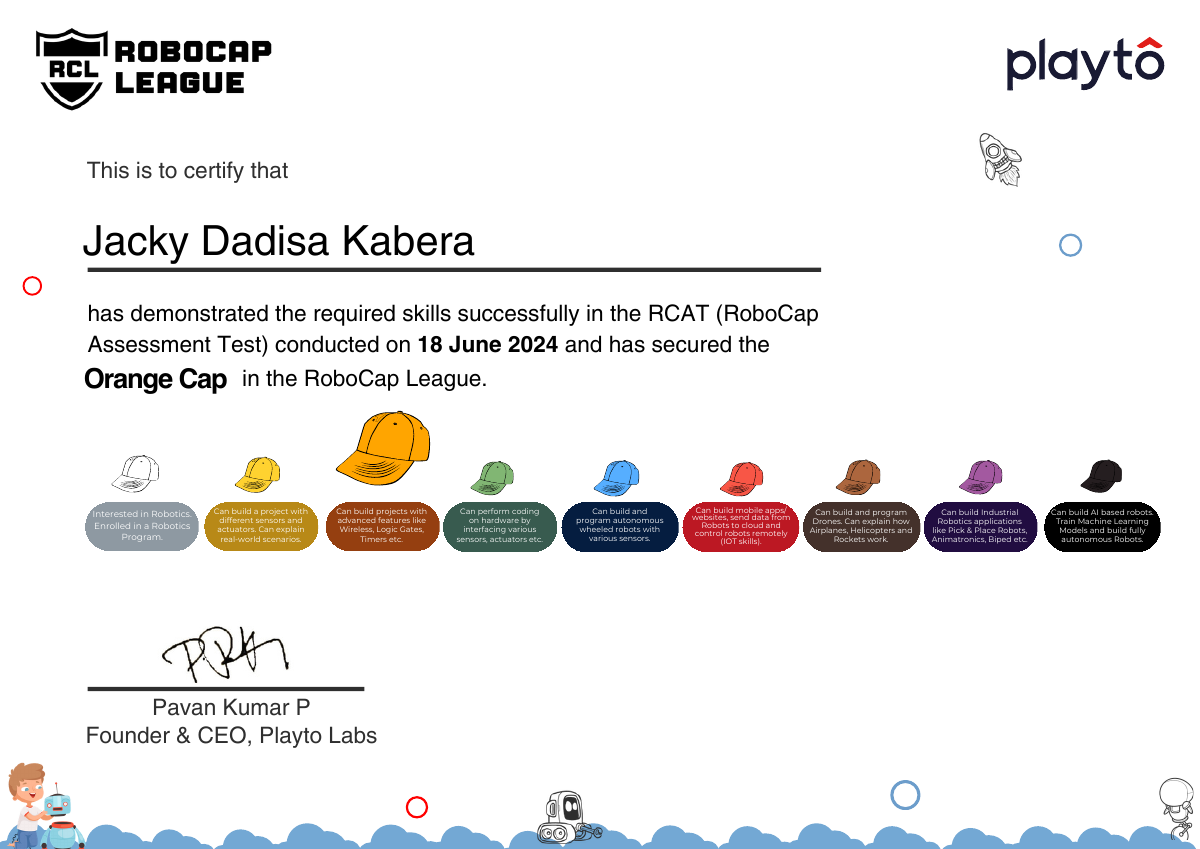 Playto Labs Orange Cap certificate awarded to Jacky Dadisa Kabera