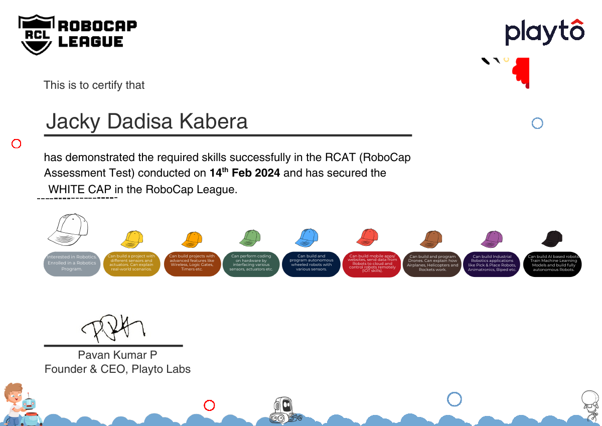Playto Labs White Cap certificate awarded to Jacky Dadisa Kabera